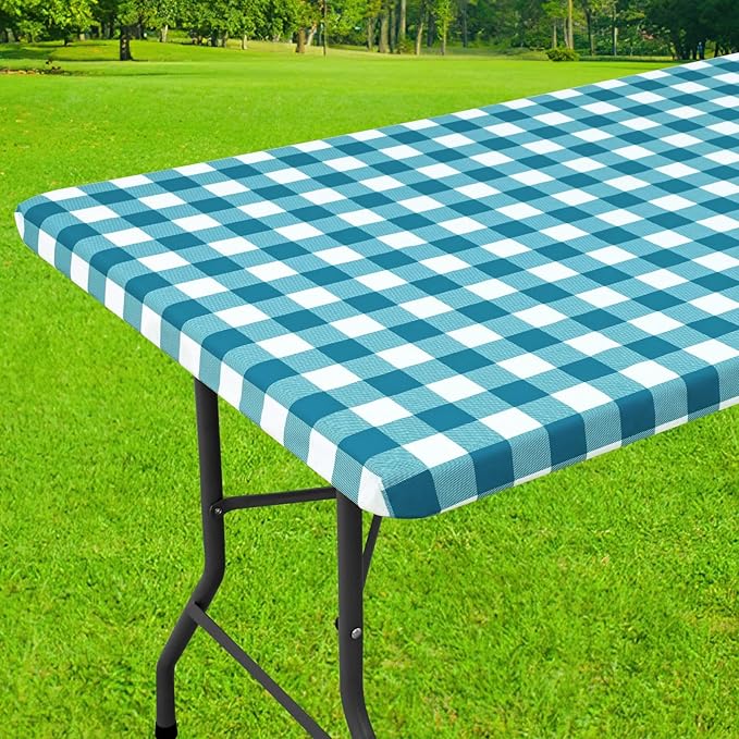Smiry Rectangle Picnic Table Cloth, Elastic Waterproof Fitted Vinyl Tablecloths, Flannel Backed Buffalo Plaid Table Covers for Dining, Camping, Outdoor (White and Turquoise, 30" x 48")