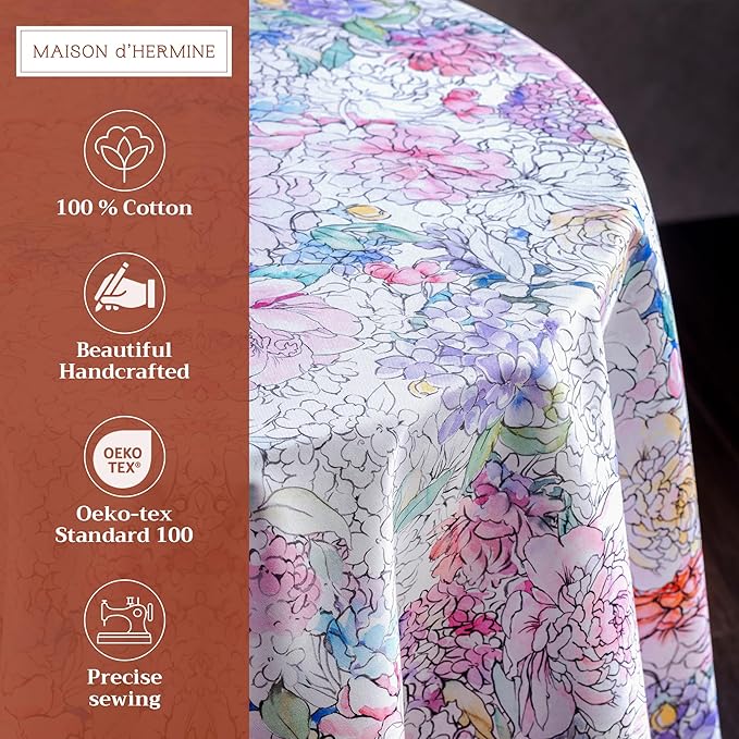 Maison d' Hermine Table Cloth Round Table 100% Cotton 63 Round Inches Tablecloth Reusable Decorative for Dining Room Farmhouse Home Valentines Day Decorations Spring Summer - Floral Love