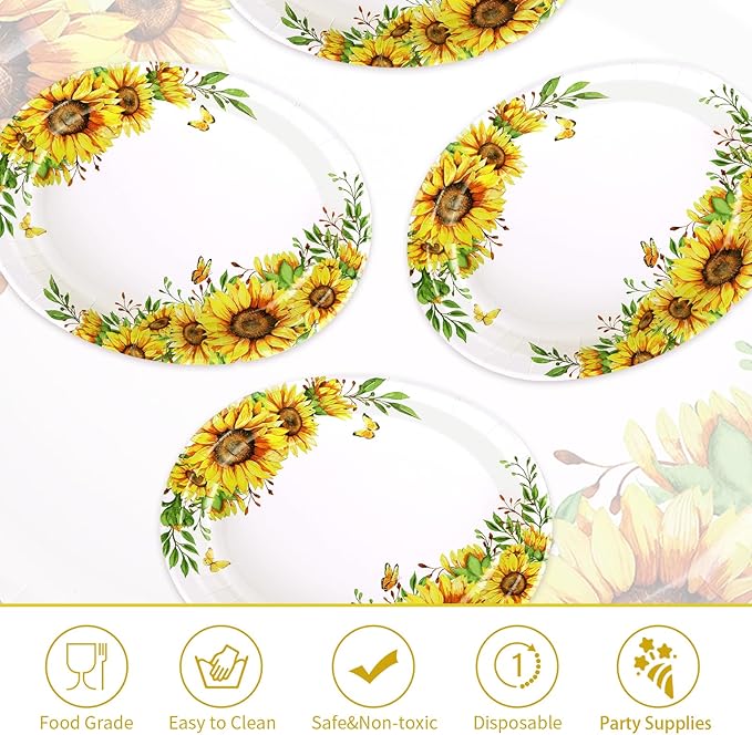 Grencian 50 PCS Sunflower Oval Paper Plates 10" x 12" Heavy Duty Disposable Sunflower Party Plates for Birthday Wedding Bridal Baby Shower Party Decorations