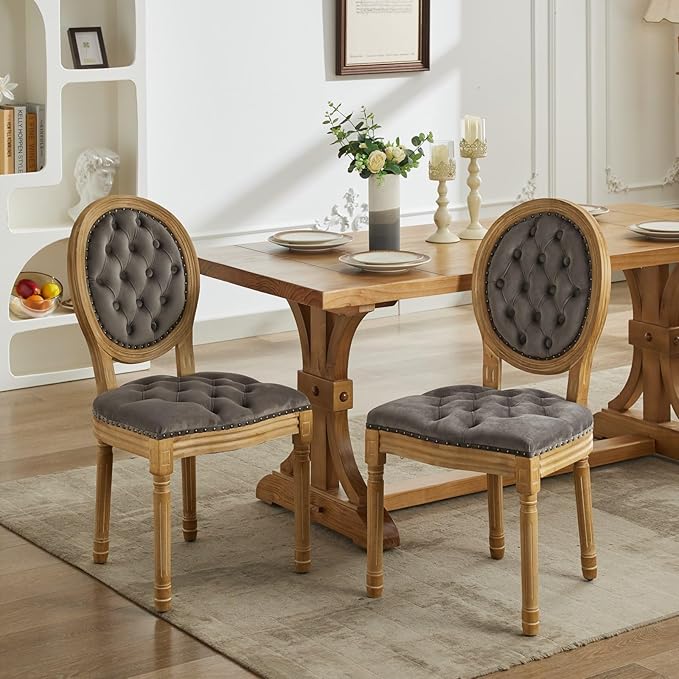 Vintage French Dining Chairs Set of 4, Round Back Velvet Upholstered Accent Chairs with Nailhead Trim and Solid Wood Frame, Elegant Sillas de Comedor for Dining Room & Kitchen, Gray