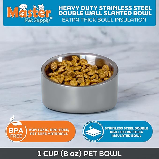 Master Pet Supply Stainless Steel Slanted Dog Cat Food Bowl - 8 oz Heavy Duty - Graphite, Double Wall Insulated, Non-Slip Elevated Bowl for French Bulldogs Pugs Cats, Anti Rust Dishwasher Safe