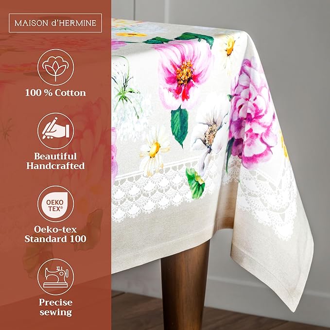 Maison d' Hermine Table Cloth Rectangle Table 100% Cotton 54 x 72 Inches Tablecloth Reusable Decorative for Dining Room Farmhouse Home Valentines Day Decorations Spring Summer - Pivoine