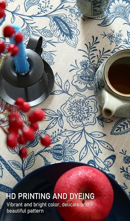 ISAENNE Designer French Linen Small Round Tablecloth,Blue Floral Washable Indoor Table Cloth,Durable Home Decor Tablecloths for Dining Thanksgiving Kitchen Party Christmas,Diameter 55"-Ruyi B