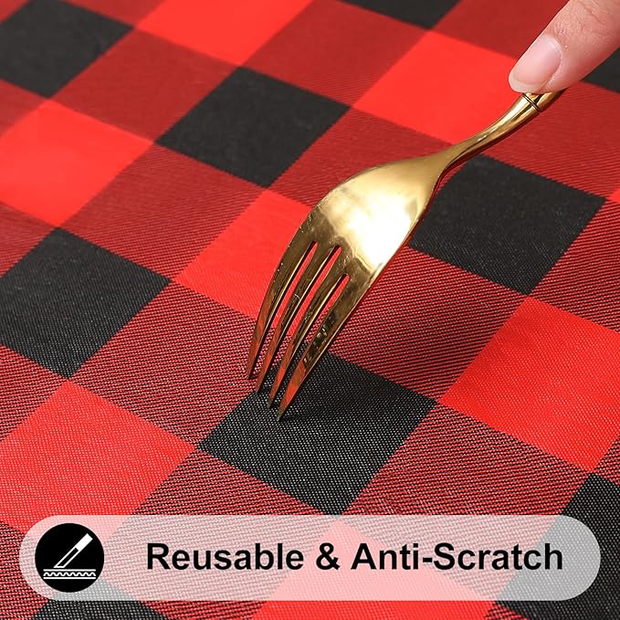 Smiry Rectangle Picnic Table Cloth, Elastic Waterproof Fitted Vinyl Tablecloths, Flannel Backed Buffalo Plaid Table Covers for Dining, Camping, Outdoor (Black and Red, 30" x 96")