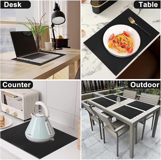 Leather Heat Resistant Placemats Set of 6 Waterproof Wipeable Washable PU Table Mats,Easy to Clean Anti-Slip Place Mats (Black, 6)