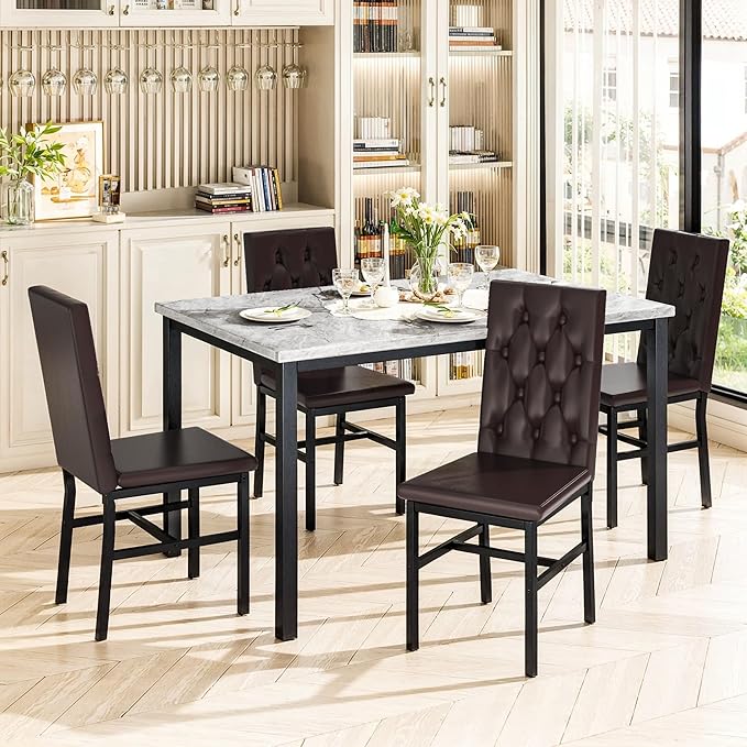 Hooseng Dining Table Set for 4, Faux Marble Small Kitchen Table Chairs Set of 4 with Luxurious Button Tufted Dinner Chairs for Kitchen and Dining(Brown)