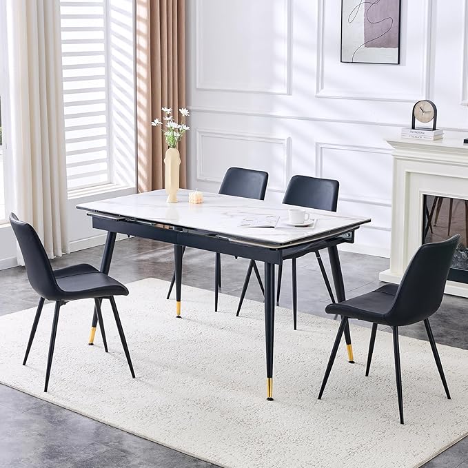 Extendable Dining Table Set for 4, 55'' to 78.8'' Rectangular Thickened Sintered Stone Kitchen Table with 4 Upholstered Chairs, Modern Space Saving 5-Piece Dinner Table Set