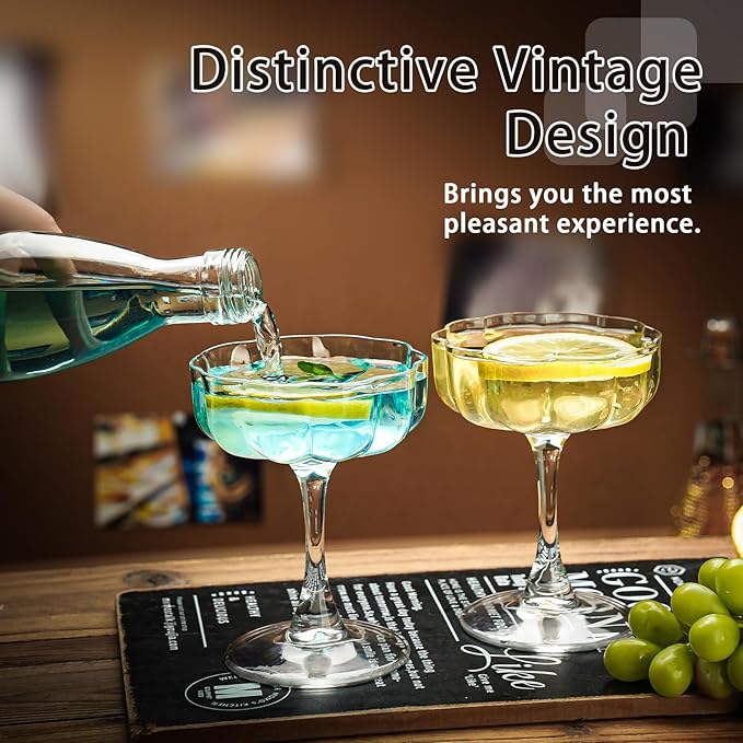 Vintage Art Deco Coupe Glasses, Set of 6 Flower Wave Coupe Cocktail Glasses, 6.5oz Classic Martini Glasses, Hand Blown Manhattan Goblet for Bar, Martini, Cosmopolitan, Gimlet, Pisco Sour