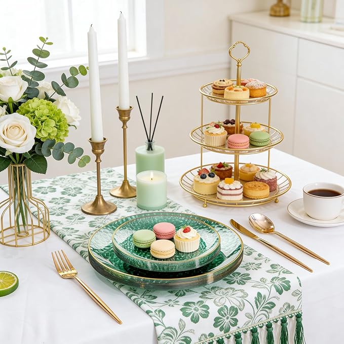 Rubtlamp 60 Green Plastic Plates, Hammered Clear and Gold Disposable Plates Include 30 Dessert Platos, 30 Dinner Platos for St. Patrick's Day