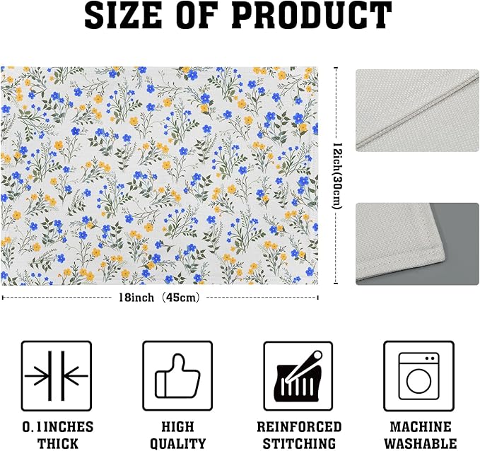 Spring Summer Placemats - Blue Yellow Floral Place Mats Set of 4 Botanical Flower Tablemats 12x18 for Party Kitchen Dining Farmhouse