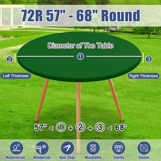 Round Spandex Tablecloth 2 Pack, Elastic Fitted Waterproof Tablecloths for 57"-68" Tables, Stretch Washable Picnic Table Cover for Camping, Dining, Indoor and Outdoor, Emerald Green