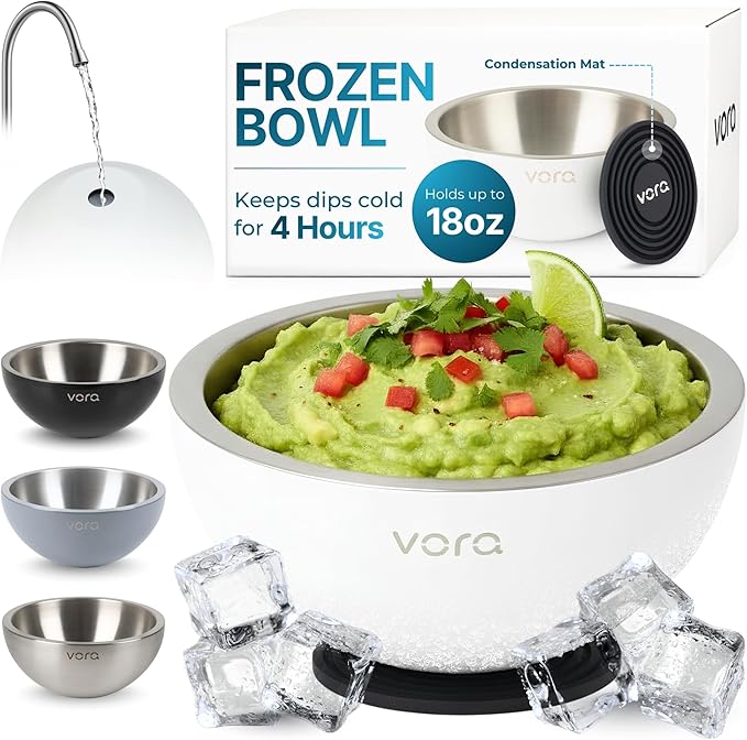 Vora 18oz Dip Chiller Bowl | Bright White Stainless Steel Chilled Dip Bowl for Dips, Guacamole, Hummus, Salsa | Insulated Serving Dishes with Easiest Water Fill & Refillable Chamber