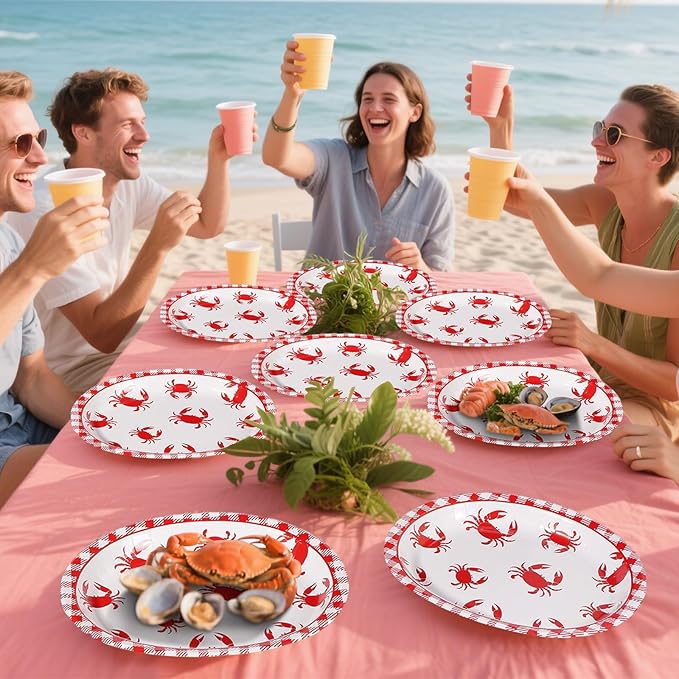 Grencian 50Pcs Crab Boil Oval Paper Plates 10"×12" Large Red Gingham Crab Party Plates Disposable Heavy Duty Summer Seafood Boil Party Supplies for BBQ Picnic Cookout Gathering Carnival Birthday Decor