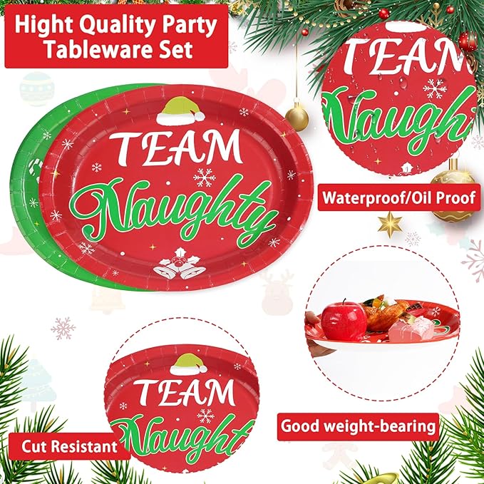 50Pcs Christmas Oval Paper Plates Team Naughty Team Nice Party Decorations 10" x 12" Large Disposable Heavy Duty 400GSM Red and Green Christmas Dinner Plates for Xmas Holiday Cocktail Party Supplies
