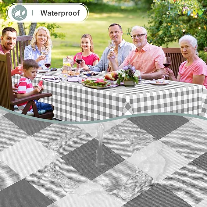 misaya Rectangle Waterproof Vinyl Table Cloth, Buffalo Flannel Backed Tablecloth, Wipeable Plastic Table Cover for Dinner, Kitchen, Outdoor (60" x 144", Grey and White)