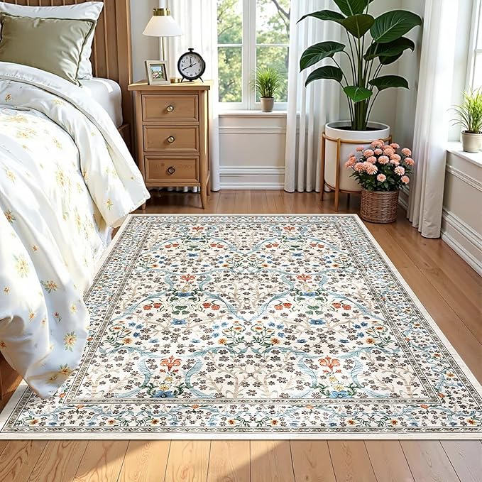 GarveeHome Floral 3x5 Area Rugs for Entryway, Washable Kitchen Rug Non Slip, Low Pile Bedroom Rug, Ultra Soft Stain Resistant Small Carpet for Laundry Room, Beige