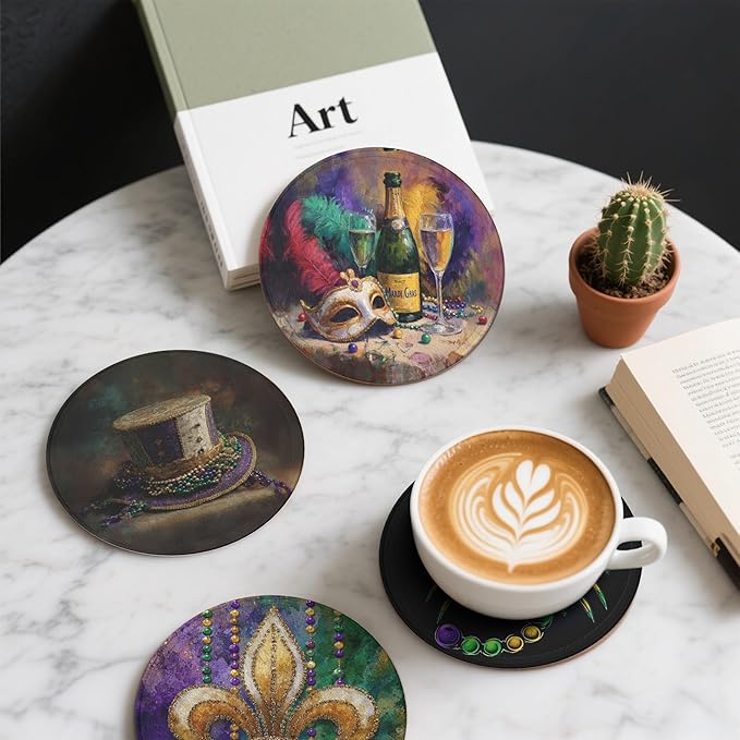 Mardi Gras Coasters Leather Round Drink Coasters 6 Pcs Set with Holderor for Cup Drink Coffee Table Bar Home Decor