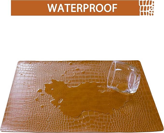 Jovono Faux Leather Placemats Set of 6, Waterproof Heat Resistant Dinner Place Mats for Dining Table, Non-Slip Crocodile Embossed, Brown (17.8x11.8 Inch)