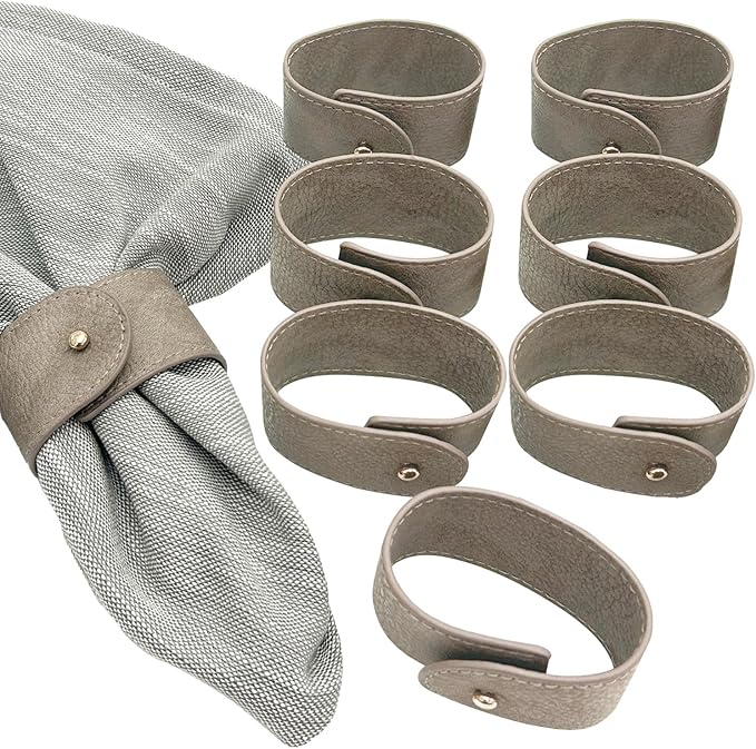 Luxury Leather Napkin Rings Set of 8, Grey, Morgan Faux Style, Modern Cuff Design for Wedding Party Decorations, Kitchen, Holiday Table,Rust Proof,Hotel, Home, Table Accessories, Dining