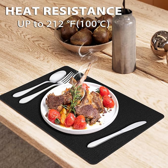 Placemats Set of 8, Washable Heat Resistant Table Placemats Wipeable Faux Leather Place Mats Non Slip, Waterproof Square Table Mats for Indoor Outdoor, Black