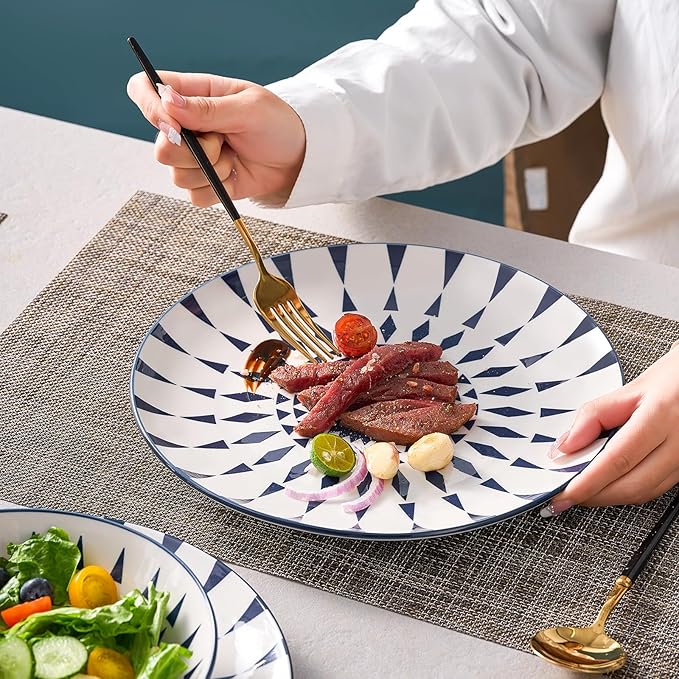 Bestone 12-Piece Round Porcelain Dinnerware Set, Service for 4, Chip Resistant Plates and Bowls,Blue, Dishwasher & Microwave Safe for Home Daily Use