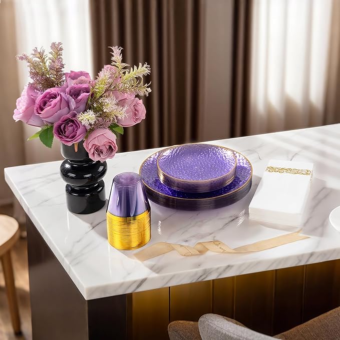 DaYammi 60 Pieces Purple Gold Plastic Plates - 10 inch Clear Dinner Plates - Hammer Pattern Design - Fancy Clear Purple and Gold Disposable Plates For All Occasions
