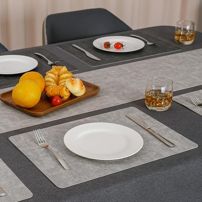 Myir JUN Reversible Vinyl Placemats Set of 6, Faux Leather Place Mats Dual Sided Waterproof Oilproof Wipeable, Heat-Resistant Table Mats for Kitchen Dining Indoor Outdoor (12" x 17", Light Gray Gray)