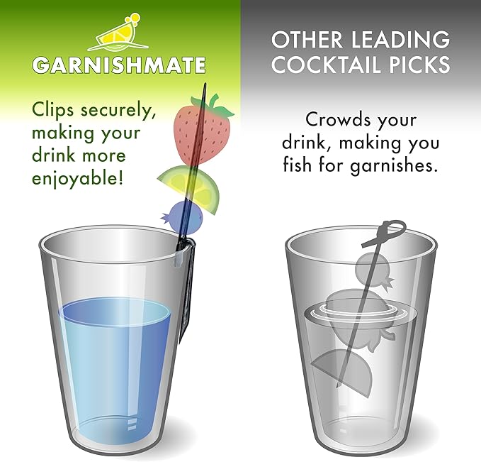 Garnishmate PACK OF 30 Clip On Garnish Holder Pick Cocktail Accessory for Entertaining Drinks and Charcuterie Boards for Home Bar Cart or Bartender Kit for Cocktails Accessories w/Rounded Tip, Black