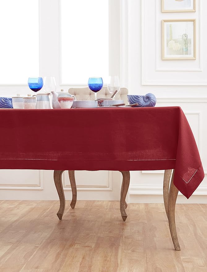 Solino Home Red Linen Tablecloth 60 x 144 Inch - 100% Pure Linen Hemstitch Table Cloth for Rectangle Tables - Classic Hemstitch, Machine Washable Tablecloth for Valentines, Winter
