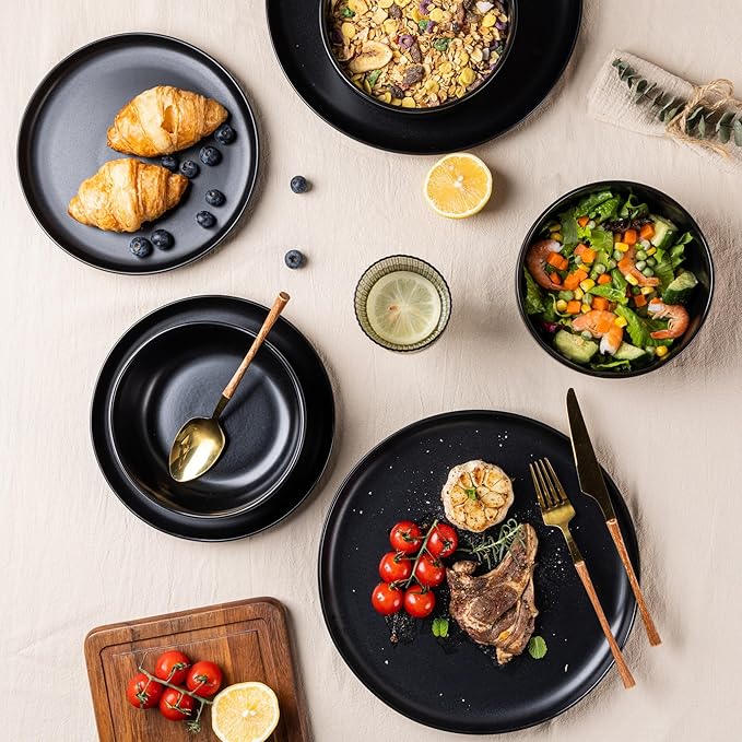 AmorArc Ceramic Dinner Plates Set of 6, Wavy Rim 10.25 Inch Stoneware Dish Set, Dinnerware Plates for Kitchen-Microwave&Dishwasher Safe, Scratch Resistant-Reactive Glaze Matte Black