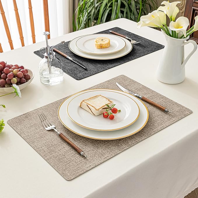 Romanstile Reversible Vinyl Placemats Set of 8, Faux Leather 100% Waterproof Oil-Proof Wipeable Place Mats, Heat Resistant Dual Sided Table Mats for Kitchen/Dining/Party (Grey Khaki, 12 x 17 Inch)