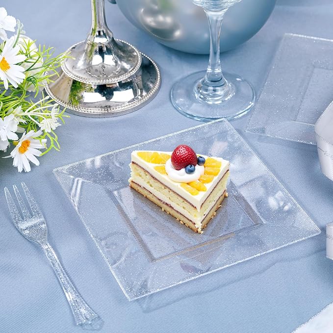 DaYammi 100Pcs Dessert Plates Set Including 50Pcs Cake Plates 6",50Pcs Plastic Forks 5.7",Silver Glitter Square Plastic plates for Party,Silver Appetizer plates and Forks for Wedding Party Birthday