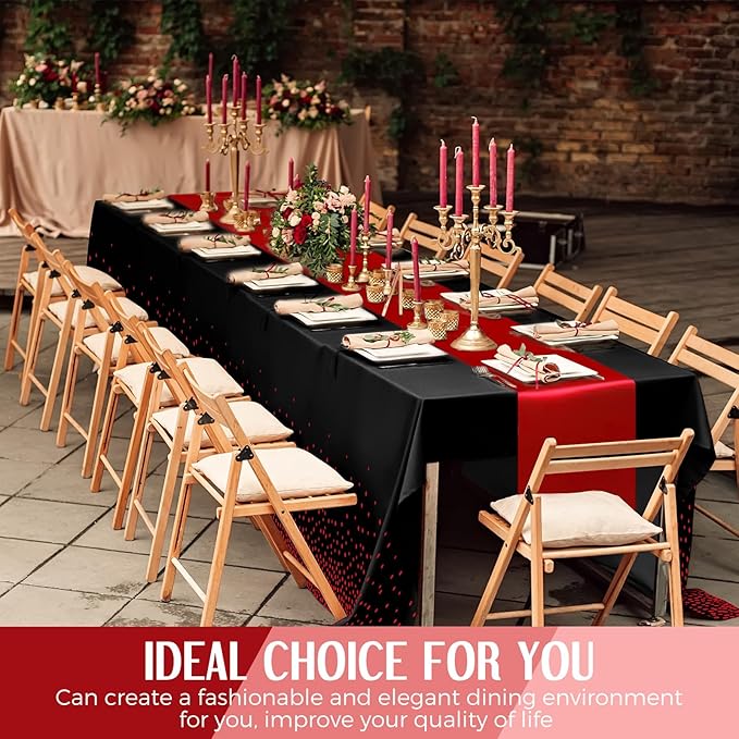 Breling 24 Pack Black and Red Disposable Plastic Tablecloths and Satin Table Runner Set, 54 x 108 Inch Tablecloth, 12 x 108 Inch Table Runners for Wedding Graduation Birthday Baby Shower