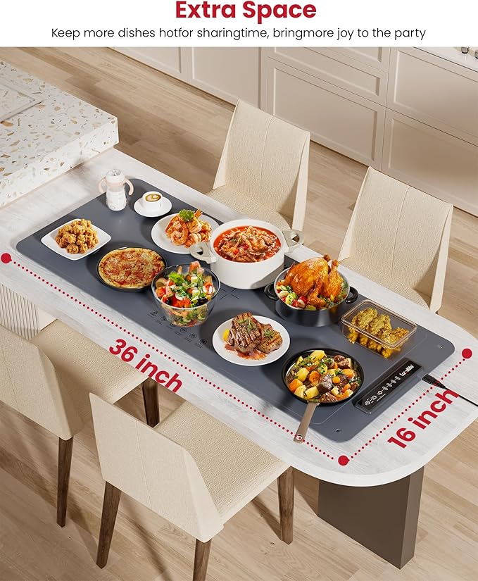 Extra Large Food Warming Mat for Countertop (XXL 36”x16”) - Full-Surface Heating Pad with 4 Temps Settings, Ideal for Buffet Party Food Warmer, Roll-Up Electric Warming Tray for All Gathering, Gray