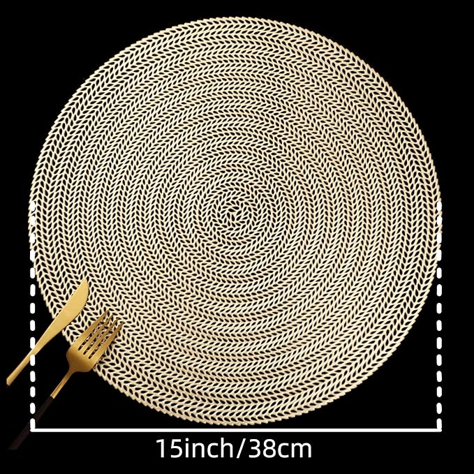 FAVE 4PCS Gold Vinyl Round Placemats, Wheat Sheaf Design 15 Inch Placemats Set of 4 Washable for Dining, Events, Banquet, Home & Daily Use (Gold Wheat,4pcs)