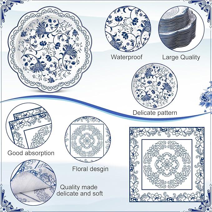 Pickmesh 250 Pcs Blue White Floral Disposable Tableware Set Blue and White Porcelain Pattern Disposable Paper Plates Napkins and Cups for Chinoiserie Baby Shower Birthday Wedding Tea Party Supplies