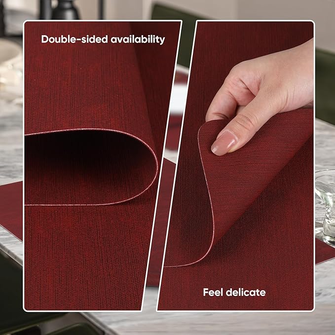 Red Reversible Faux Leather Placemats – Set of 6 Waterproof, Heat-Resistant & Easy-to-Clean Table Mats for Modern Dining