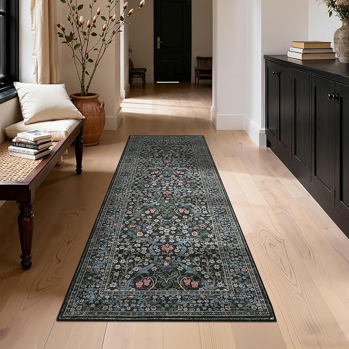GarveeHome Washable Kitchen Runner Rug, Floral 2x6 Rug for Hallway Non Slip Stain Resistant, Ultra-Thin Boho Soft Hallway Rug Botanical Carpet for Entryway, Laundry Room, Bathroom Dark Black