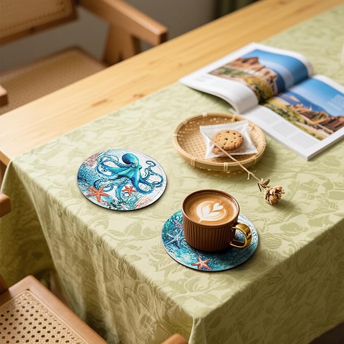 Sea Coasters Leather Round Drink Coasters 6 Pcs Set with Holderor for Cup Drink Coffee Table Bar Home Decor