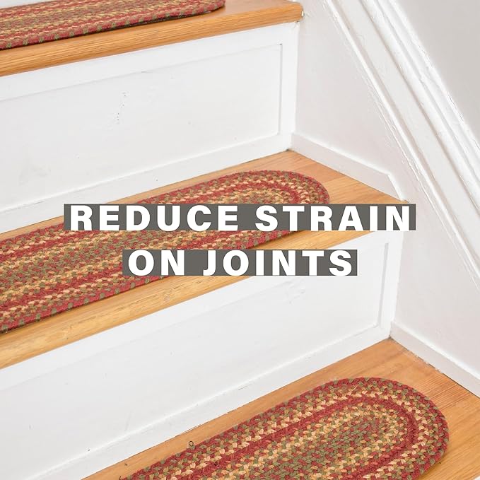Homespice Cider Barn Jute Braided Stair Treads for Wooden Steps, Country Primitive Decor, Set of 13, Red 8x28 Rectangle Rugs for Stairs - Easy to Clean, Tightly Stitched and Durable