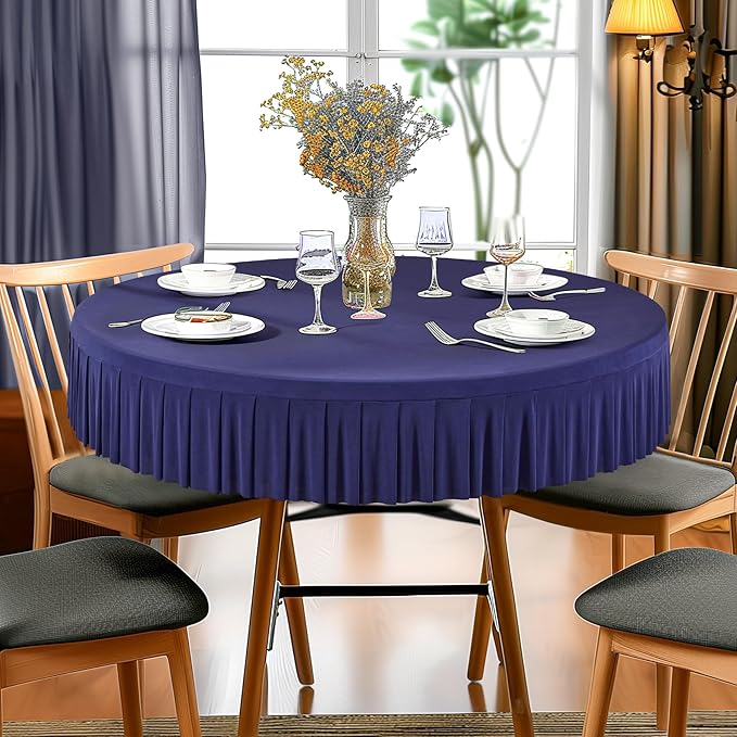 4 Pack Navy Blue Spandex Round Tablecloths for 72in Table, Stretchy Fitted 6FT Round Table Cloths, Wrinkle Free Table Cover with Skirt for Wedding Birthday Party Bridal Shower Banquet