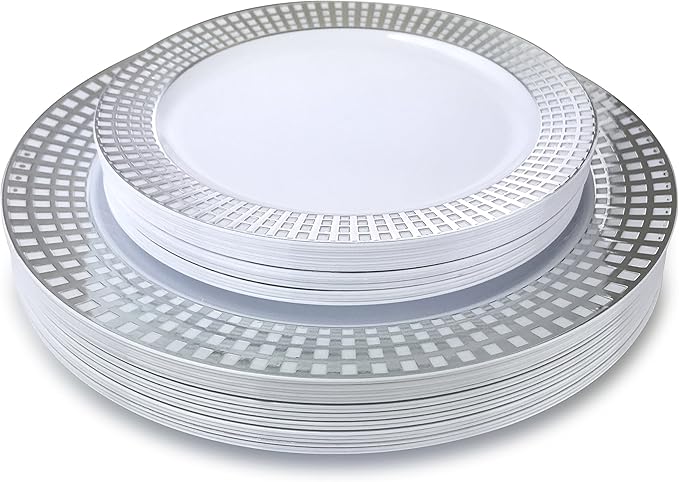 OCCASIONS 120 Plates Pack,(60 Guests) Premium Wedding Party Disposable Plastic Plates Set -60 x 10.25'' Dinner + 60 x 7.5'' Salad/Dessert (Princess White/Silver)
