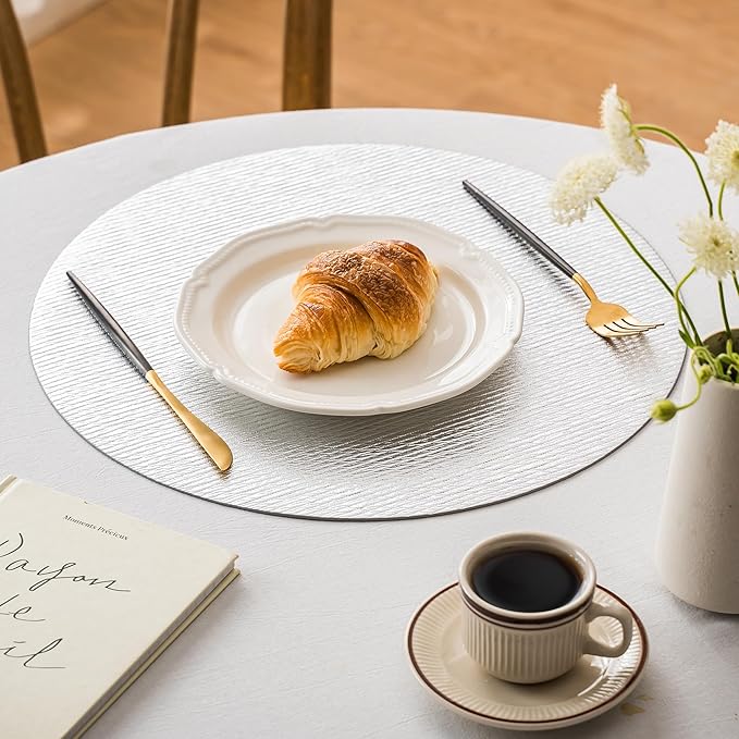 Jovono 15" Faux Leather Big Round Placemats Set of 6 - Washable Heat Resistant Non-Slip Dining Table Mats with Fabric Texture for Kitchen Home Party Wedding Decor, Silver