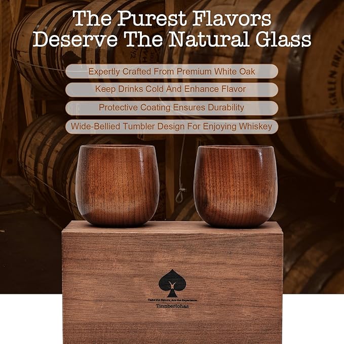 Wooden Whiskey Glasses Set of 2 – Durable Bourbon Glass for Men, Insulated Old Fashioned Glass – Whiskey Gifts for Husband, Dad, Brother – Birthday, Christmas, Father’s Day, Retirement