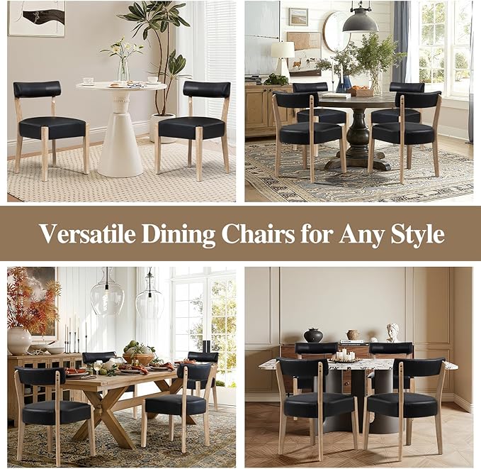 Modern Dining Chairs Set of 6 – Mid-Century Modern Faux Leather Upholstered Kitchen & Dining Room Chairs with Curved Back, Oversized Rounded Seat, Sturdy Wood Frame, Black