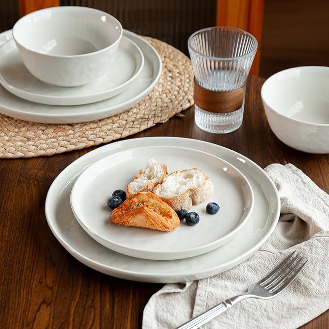 Ceramic Water Ripple Tableware Sets for 4, 12 Pieces Stoneware Plates and Bowls Sets, Reactive Glaze Dishes -Scratch Resistant, Dishwasher&Microwave Safe (Milky White)