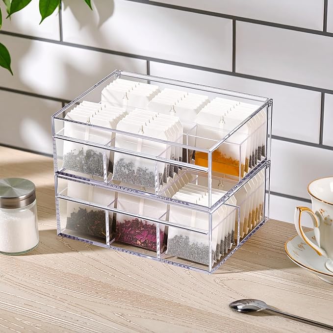 Amazing Abby - Tea-Rrific - 2-Pack Acrylic 6-Compartment Tea Bag Organizer, Clear Plastic Tea Box, 6-Slot Tea Chest, Perfect Tea Storage Solution for Kitchen Cabinet, Countertop, Pantry, and More
