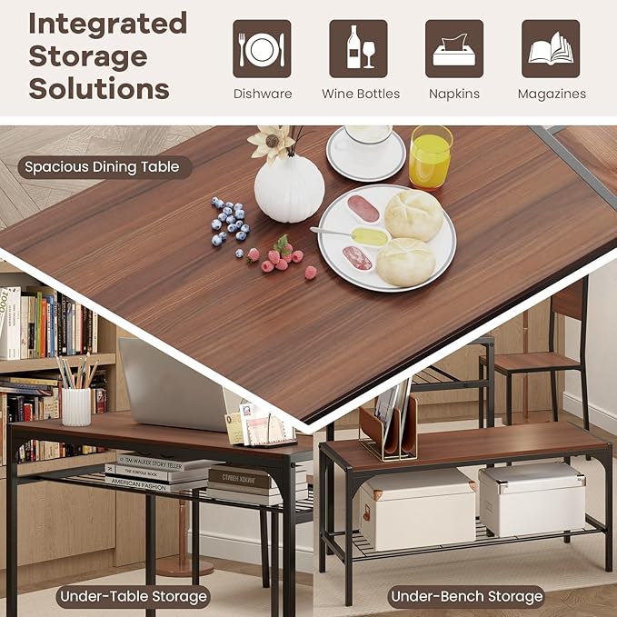 NAFORT 4-Piece Dining Table Set for 4, Industrial Kitchen Table with 2 Chairs & Bench, Rustic Wood Dining Set with Metal Frame & Storage Shelves, Space-Saving Dining Furniture for Apartment