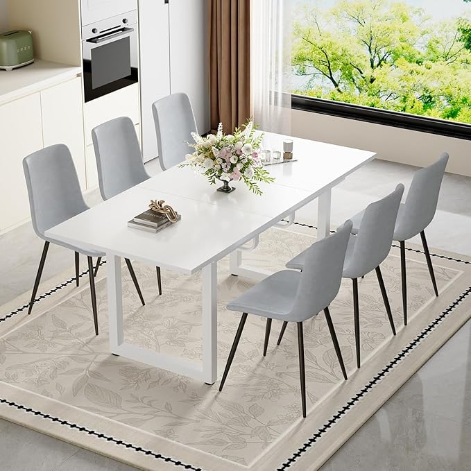 Extendable Dining Table Set for 6, 55"–71" Modern White Kitchen Table with 6 Upholstered Chairs, Space-Saving for Living Room Apartment, Sturdy & Comfortable, Easy Assembly