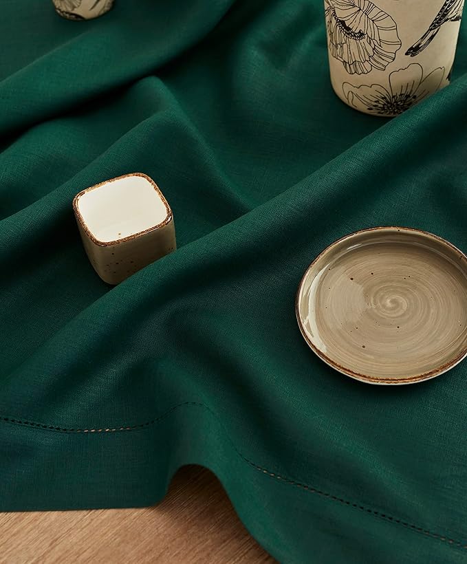 Solino Home Rainforest Green Linen Tablecloth 52 x 52 Inch - 100% Pure Linen Square Table Throw - Classic Hemstitch, Machine Washable Table Cloth for Winter, St Patricks Day